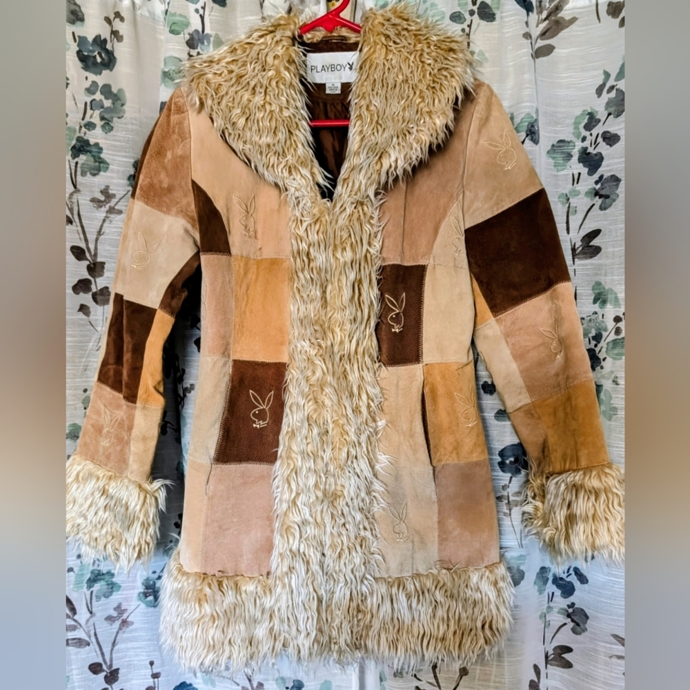 Women’s Patchwork Suede Coat with Faux Fur Trim - Taupe & Brown - Picture 8 of 12